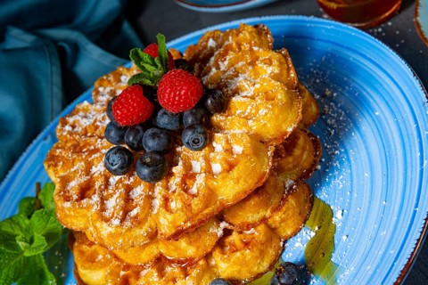 Simple sweet waffles with raspberries and blueberries
