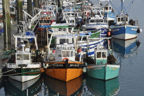 Saint quay Portrieux, Colorful fishing boats docked in a calm harbor with reflections on the water