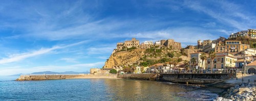 Pizzo, Italy, 13 December, 2023: panorama view of the old town and harbor of Pizzo Calabro on the