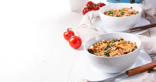 Kaszotto Polish dish made from buckwheat with grilled chicken