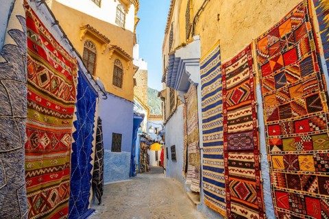 Rugs on Street of Chefchaouen, Morocco