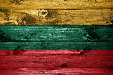 Lithuania flag on wooden planks background wood flag
