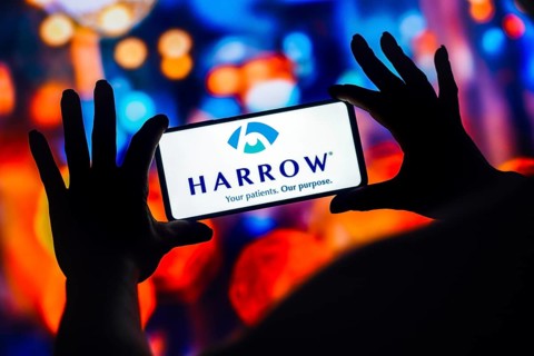 In this photo illustration, the Harrow Health logo is displayed on a smartphone mobile