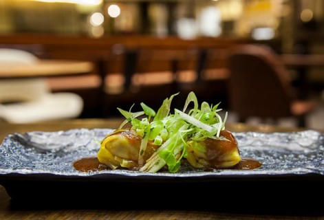 Chicken raviolis with tomato sauce placed on a design dish