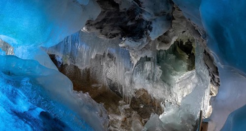 HINTERTUX, AUSTRIA, SEPTEMBER 10, 2023, Great ice formation in a natural glacial ice cave