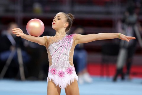 Sofia, Bulgaria - 30 March, 2018: Alina Baklagina Latvia performs with ball during Rhythmic