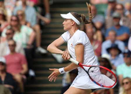 Kazakh tennis player Elena Rybakina in action at the 2024 Wimbledon Championships, London, England,