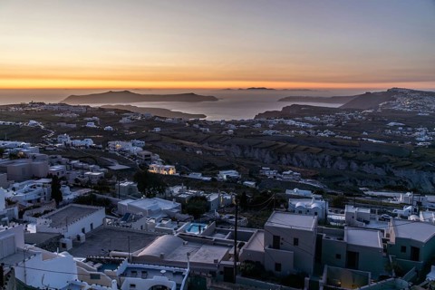 Evening mood after sunset, view from Pyrgos to the archipelago of Santorini, island of Santorini,