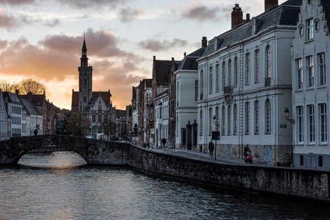 Bruges, West Flemish Region, Belgium, 11 15 2017: The Spiegelrei, the Royalbridge and the