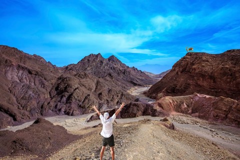 Lone tourist threw his hands up in delight in Eilat Mountains. Unique outcrops in the mountains of