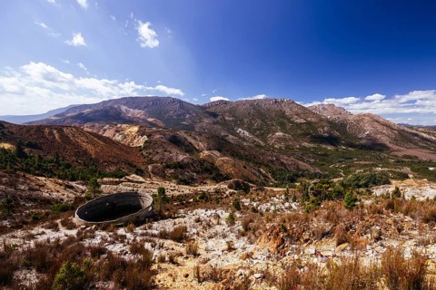 The view of Iron Blow Lookout on a hot summer's afternoon in Queenstown, Tasmania, Australia