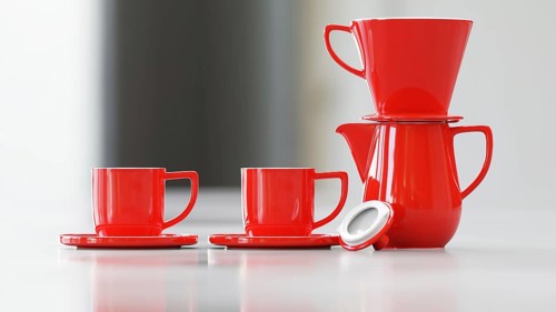 A coffee pot with filter and two cups. 3D illustration