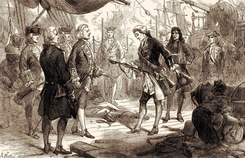 Chevalier de Saint-George of Invincible surrenders his sword to Admiral Anson after the First