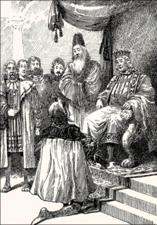 Mephistopheles playing the role of a fool, emperor at the throne, Faust II, first act, by Johann