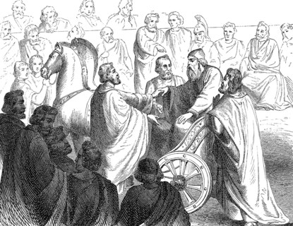 The blind Timoleon, c. 411-337 BC, a Greek statesman and general at Syracuse in the assembly