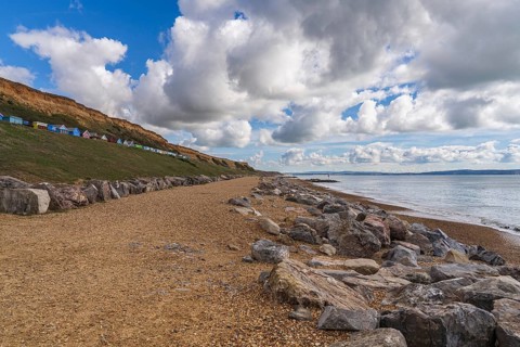 Beach Huts on the Channel Coast in Barton-on-sea, Hampshire, England, UK