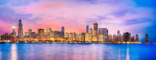 Panoramic view of Chicago skyline at dusk. Chicago, Illinois. USA