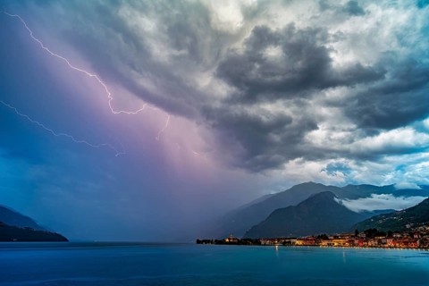 A strong thunderstorm with lots of lightning over Lake Como