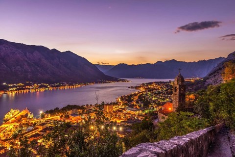 View on Kotor Bay and city from above at sunset, Montenegro
