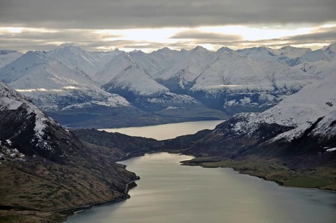 Narrow neck of land separating Lakes Wanaka (at back) and Hawea, Otago, New Zealand