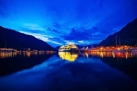 Cruise liner in the Boka Bay of Kotor in Montenegro at night