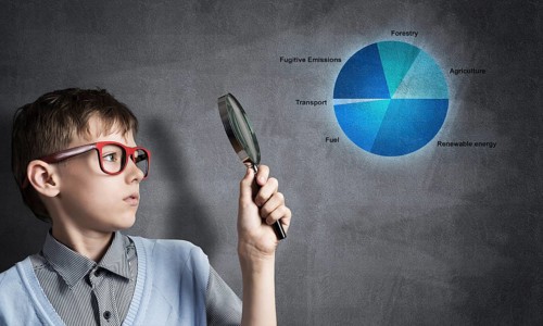 Cute boy looking through magnifying glass against graphs at chalkboard