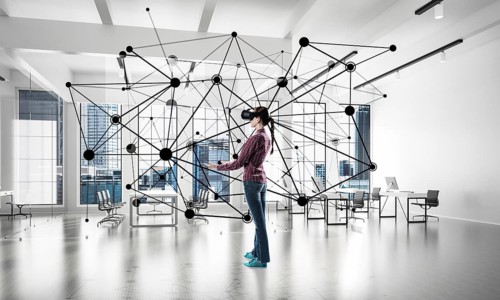 Young woman in casual wearing virtual helmet and working with connection concept. 3d rendering