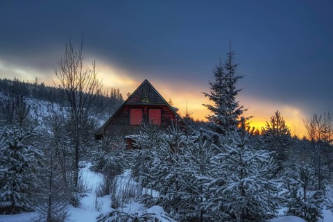Wooden cottage with red shutters in winter at sunrise in Slovakia