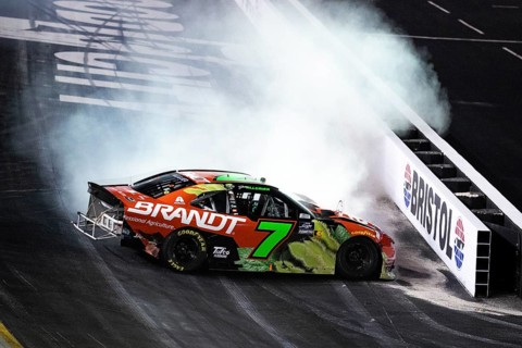 JUSTIN ALLGAIER (7) spins during the Food City 300 at Bristol Motor Speedway in Bristol TN,