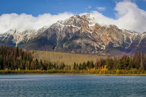 Beautiful autumn landscape scene in mountain in background in Jasper National Park west Canada