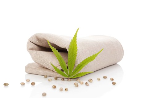 Hemp cloth production, cloth with cannabis leaf and seeds, isolated on white background