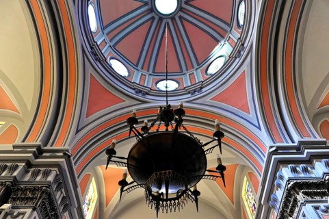 La Merced or Church of Our Lady of Mercy, view of a richly decorated ceiling with dome and a large