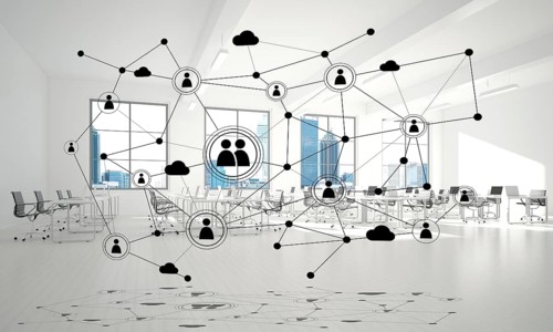 Lines connected with dots as social communication concept in office interior. 3D rendering