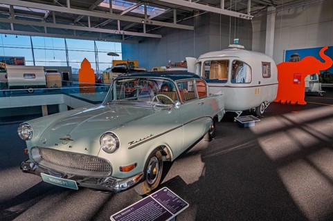 Opel Rekord P1 from 1959 with caravan, interior view, Erwin Hymer Museum, caravan, Bad forest lake,