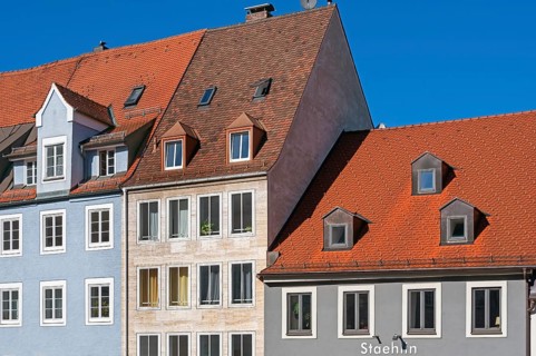 Pointed gable facades with tiled roofs and dormers, Kempten, Allgäu, Swabia, Bavaria, Germany