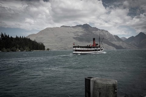 Antique steamboat on lake Wakatipu in Queenstown, South Island of New Zealand