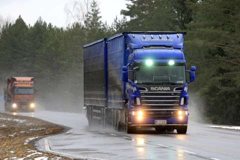 SALO, FINLAND, MARCH 4, 2017: Blue Scania R620 combination vehicle of M. Keskimaki and another