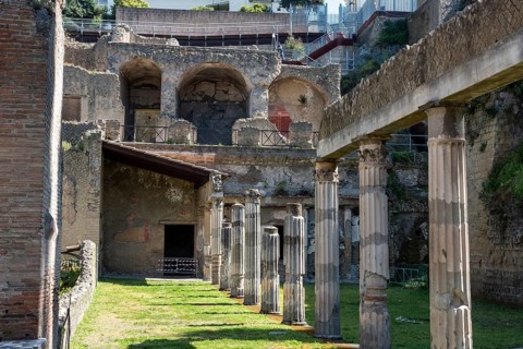 HERCULANEUM, ITALY, MAY 05, 2022, Yard of the Palestra in ancient Herculaneum, Italy