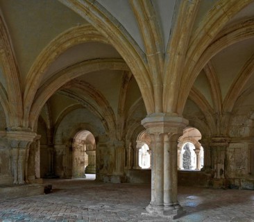 Fontenay former Cistercian monastery chapter house interior with view of the cloister, St., Saint,
