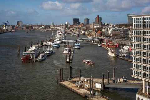 Hamburg, Elbphilharmonie, foyer called Plaza, view of the harbour from the west window of the