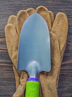 Hand spade leather safety gloves on wooden board agriculture concept