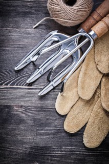 Trowel fork rake leather gloves hank of string agriculture concept