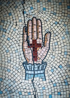 Ancient Mosaic Tiles Of Hand And Crucifix In Crossmyloof Glasgow, Scotland, Uk