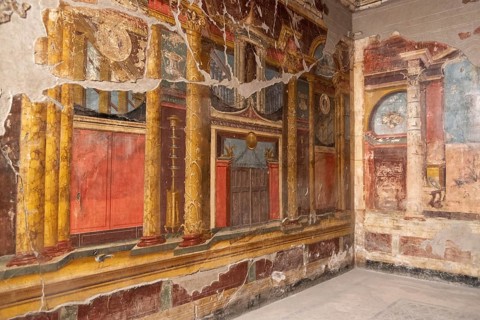 OPLONTIS, ITALY, MAY 03, 2022, Scenic frescos on the wall of famous Villa Oplontis, ancient Roman