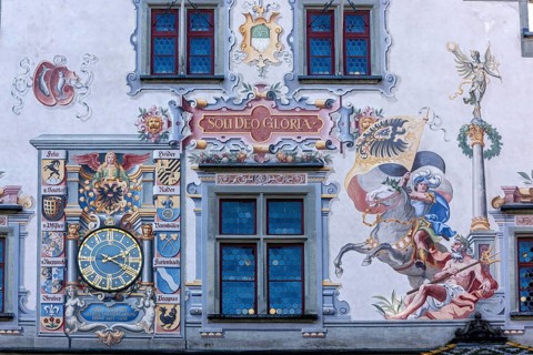Detail of the Old Town Hall with decorative wall paintings in Gothic style, built in 1422 on