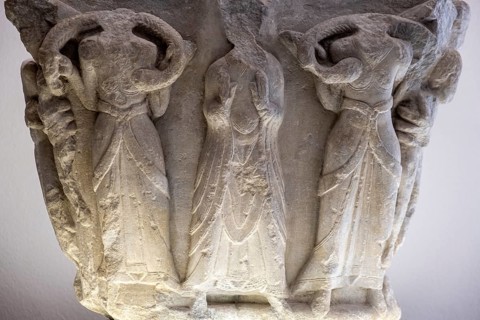 Capital, used as a ceremonial mortar, carved stone, 12th century, from the cathedral of San Pedro