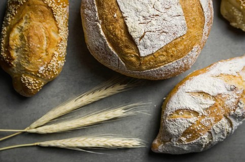 Beautiful Sourdough bread on gray background with dried wheat flower