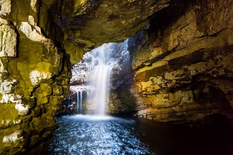 Europe, Scotland, North Coast, Durness, Smoo Cave and Falls, cave, waterfall