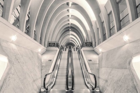 Interior escalator structure with vaulted ceiling and minimalist lighting, Liège-Guillemins railway