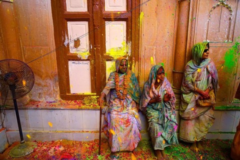 Widows celebrating Holi festival Gopinath temple, Uttar Pradesh, India, Asia